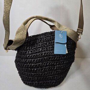 Kiss Sea Black Woven Straw Bucket Bag Gold Metallic Strap Shoreline Creations
